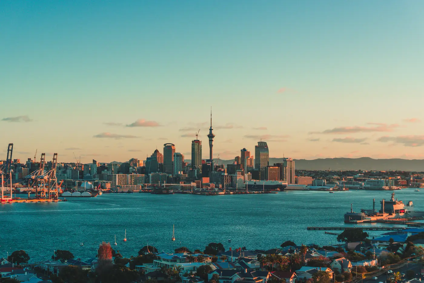 The Auckland skyline and harbour with the Sky Tower